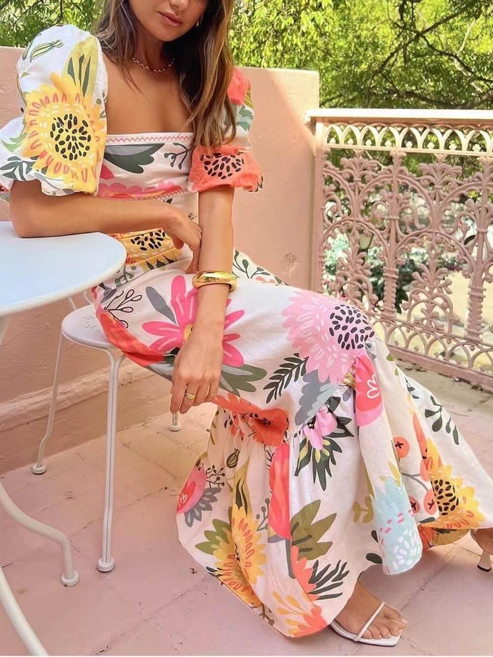 Ivy Holiday Square Neck Floral Print Maxi Dress