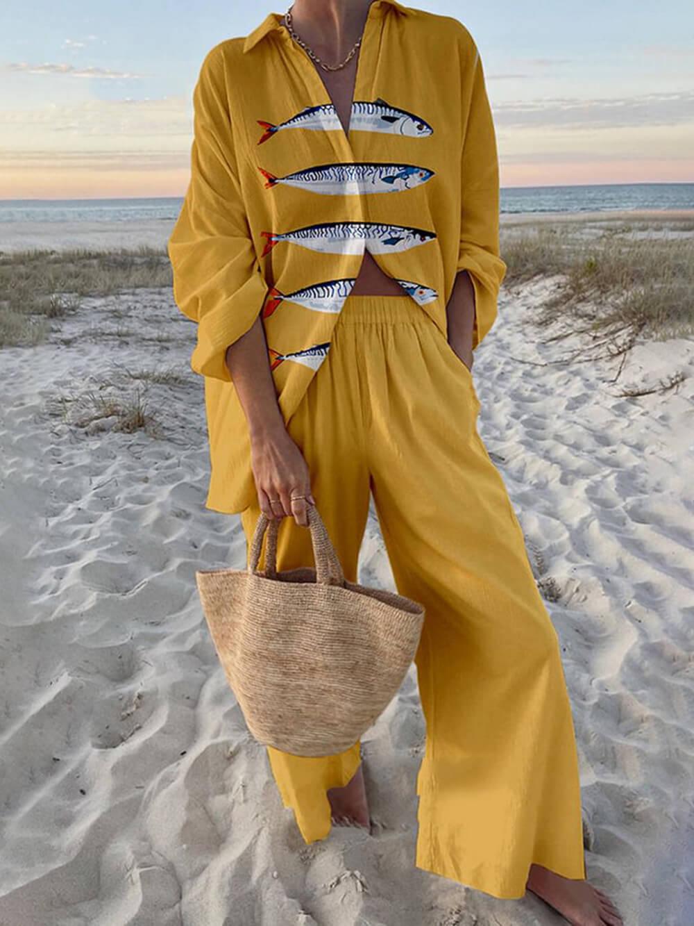 Mae Island Style Ocean Print Oversized Shirt and Elastic Waist Pocket Pants Set