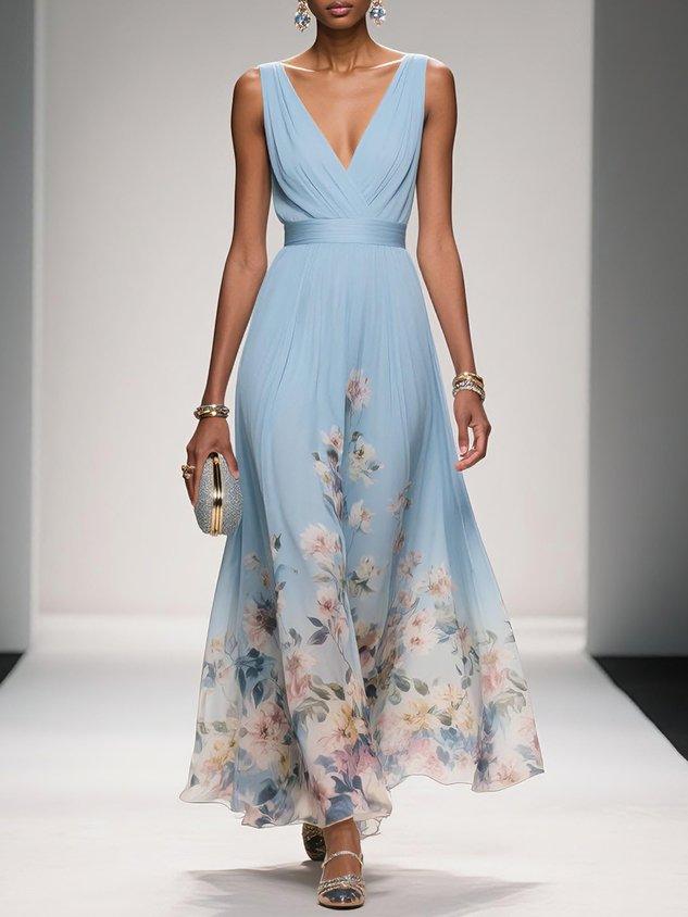 Rose Light Blue Floral Chiffon V-Neck Maxi Dress