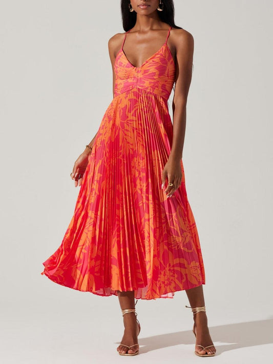 Heather Coastal Chic Elegant Floral Print Pleats Midi Dress Collection