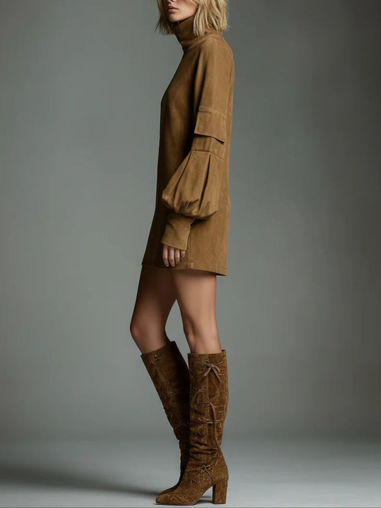 Bibiane Mini Jurk Oversized in Suède met Hoge Hals