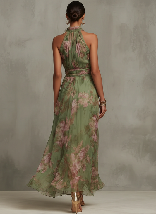 Florence Green Floral Chiffon Halter Maxi Dress