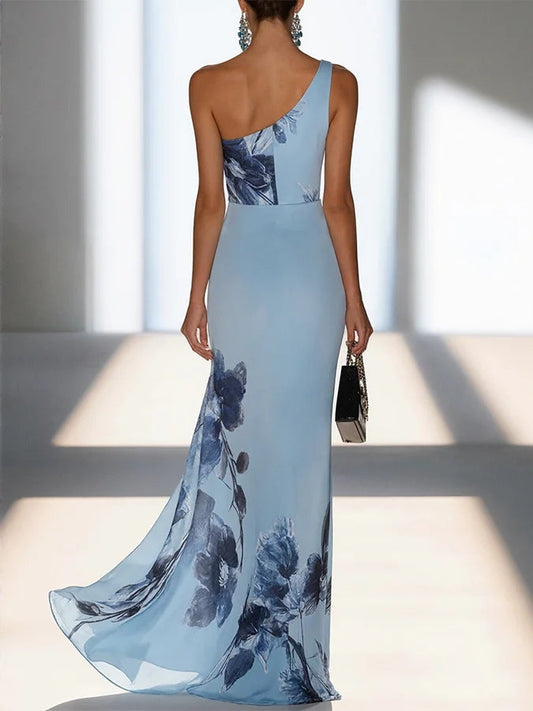 Victoria Satin Ink Print Off-Shoulder Maxi Dress