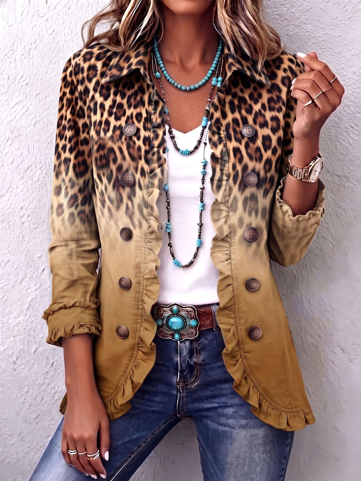 Cassandra Luipaardprint Blazer met Volant en Kleurverloop