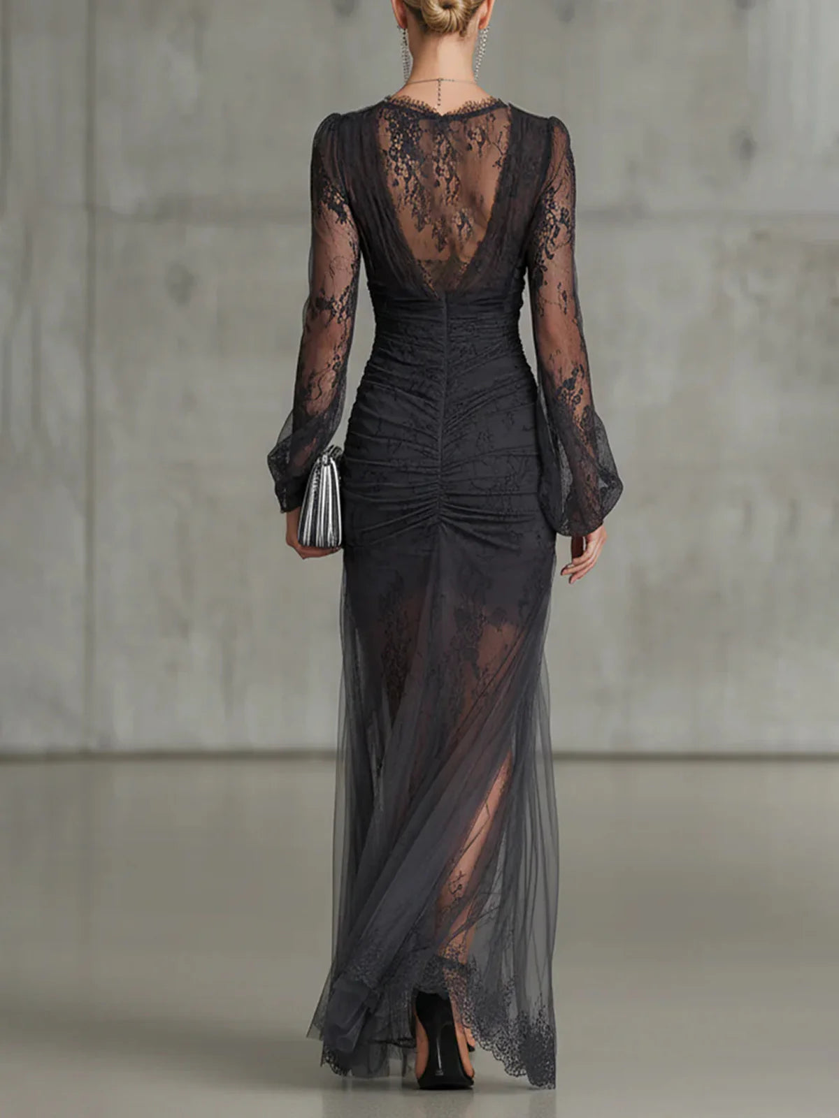 Sofia Dark Grey Lace Ruched Maxi Dress