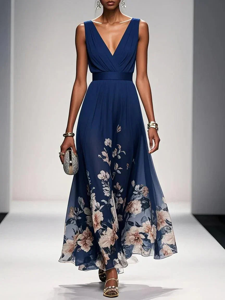 Rose Light Blue Floral Chiffon V-Neck Maxi Dress