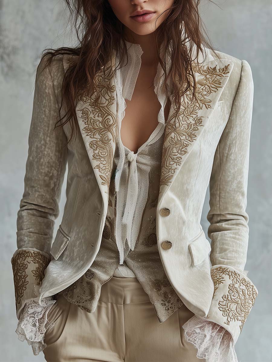 Caroline Ivoorkleurige Geborduurde Tailleur Blazer