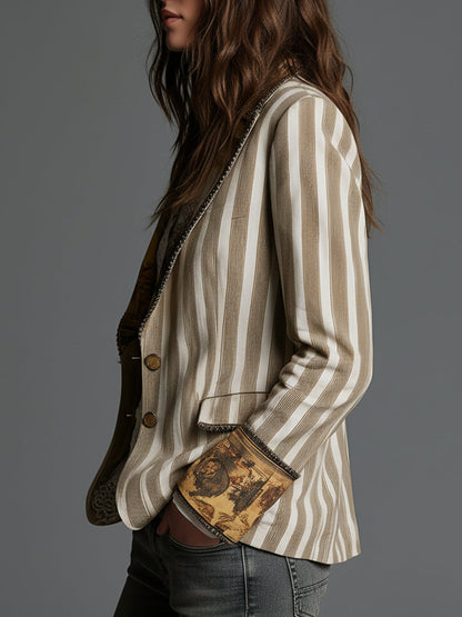 Suze Bohemien Gestreepte Blazer met Geprinte Kraag