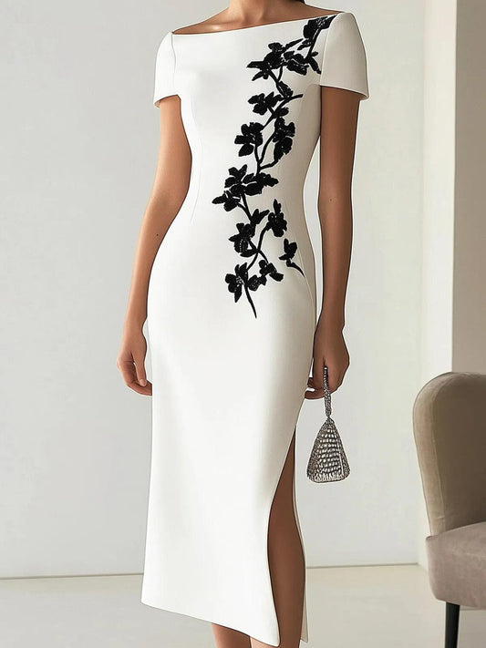 Audrey Chic Floral Print Boat Neck Midi Dress Outfit