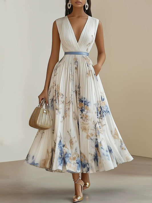 Chloe White Floral Chiffon V-Neck Pleated Midi Dress
