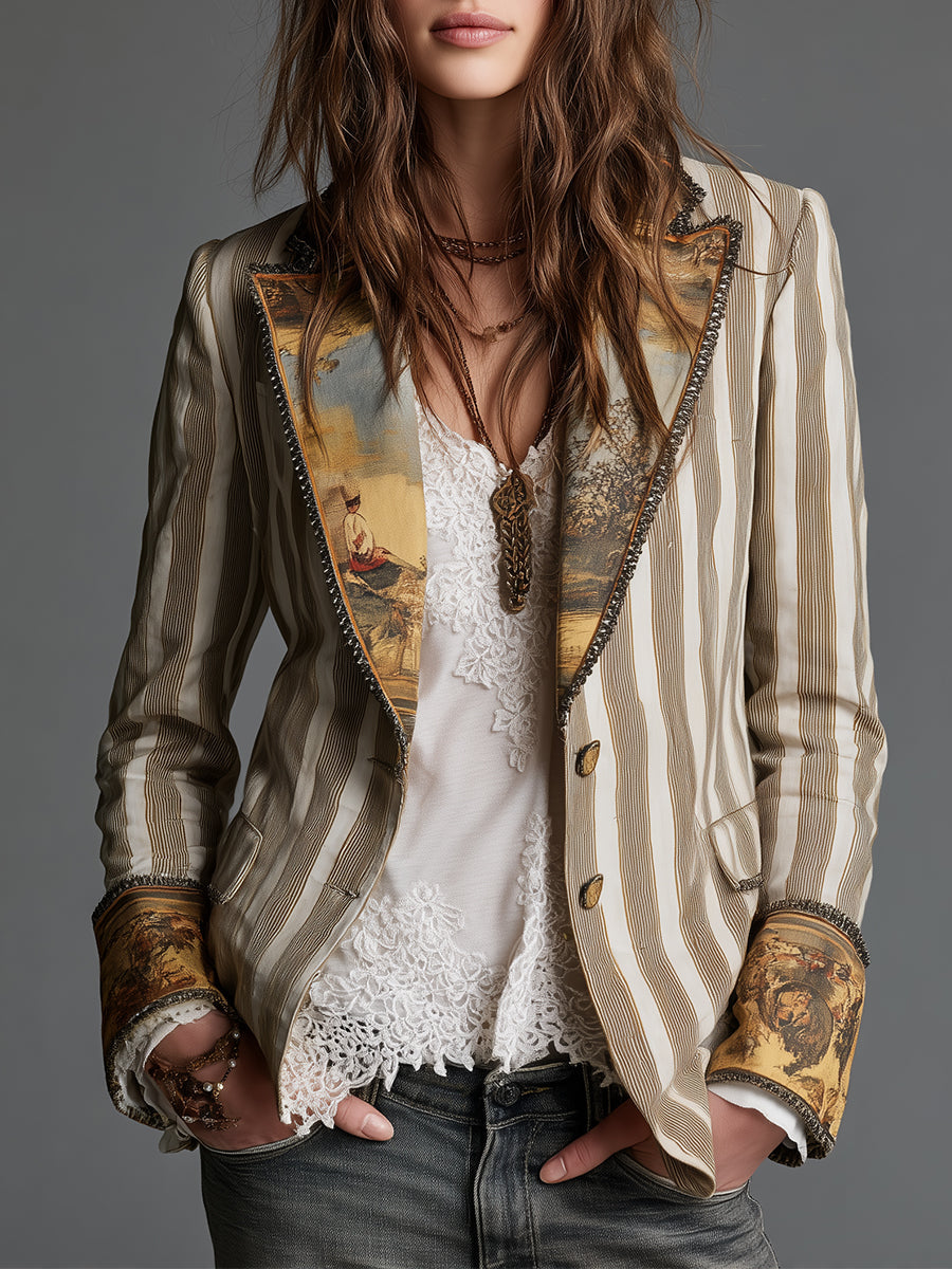 Suze Bohemien Gestreepte Blazer met Geprinte Kraag