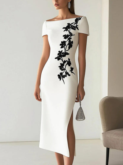 Audrey Chic Floral Print Boat Neck Midi Dress Outfit
