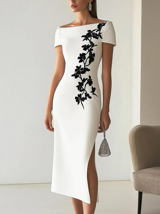 Audrey Chic Floral Print Boat Neck Midi Dress Outfit