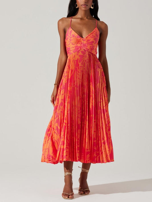 Heather Coastal Chic Elegant Floral Print Pleats Midi Dress Collection