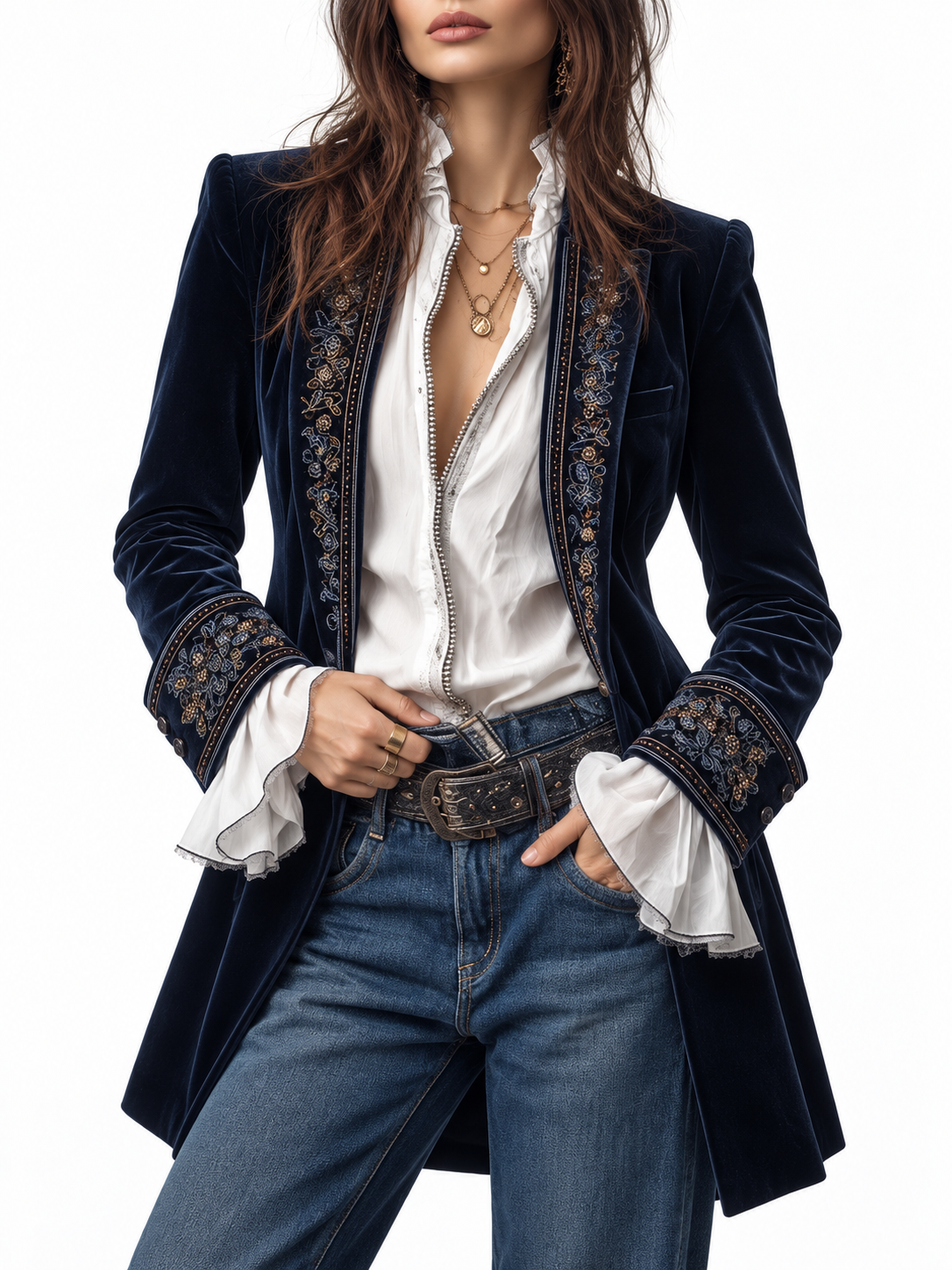 Anouk Lange Geborduurde Vintage Jas Marineblauw
