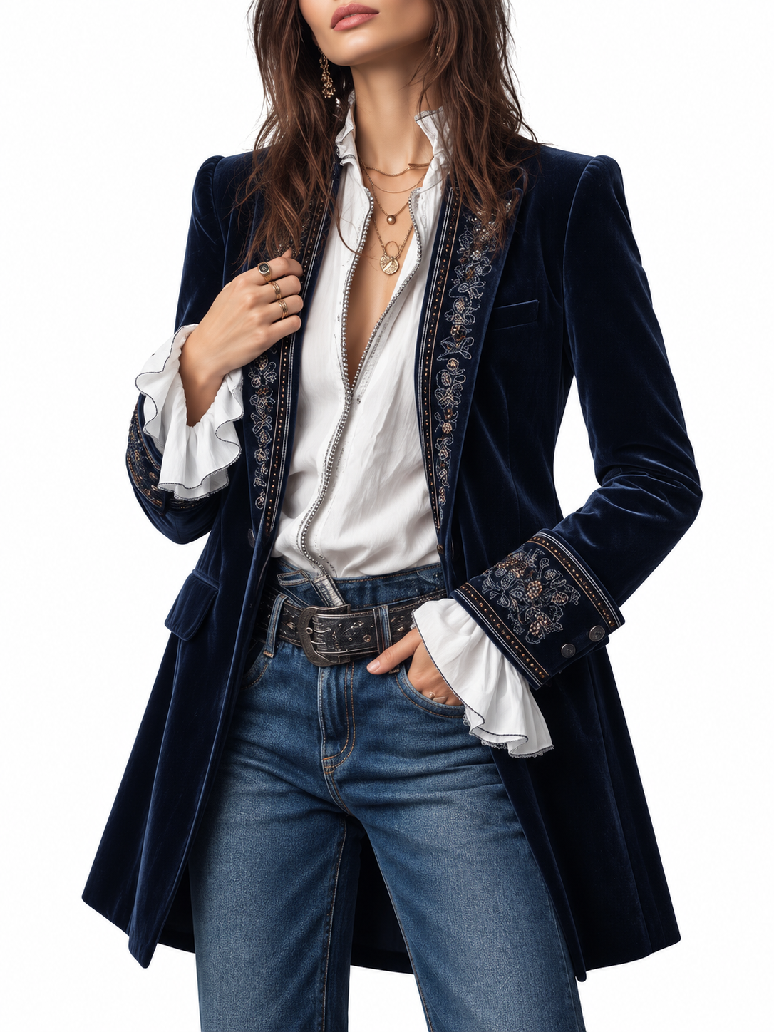 Anouk Lange Geborduurde Vintage Jas Marineblauw