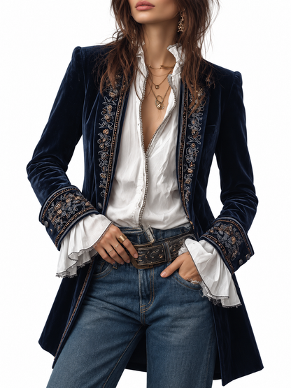 Anouk Lange Geborduurde Vintage Jas Marineblauw