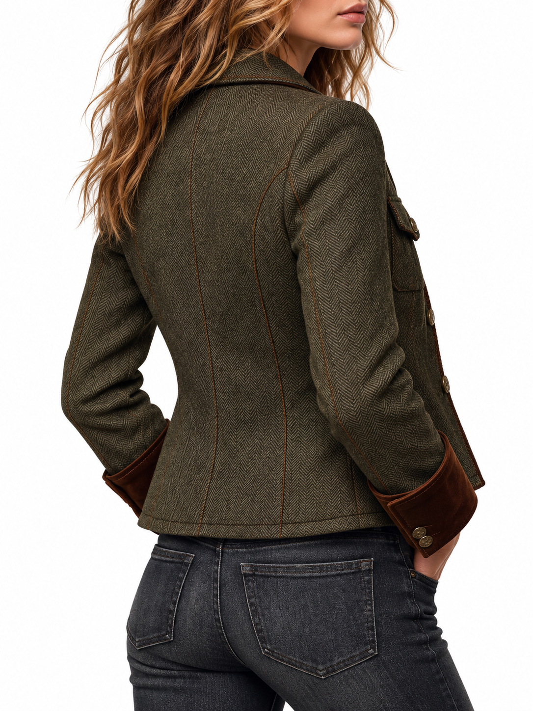Hanne Vintage Blazer met Visgraatmotief en Contrasterende Bies
