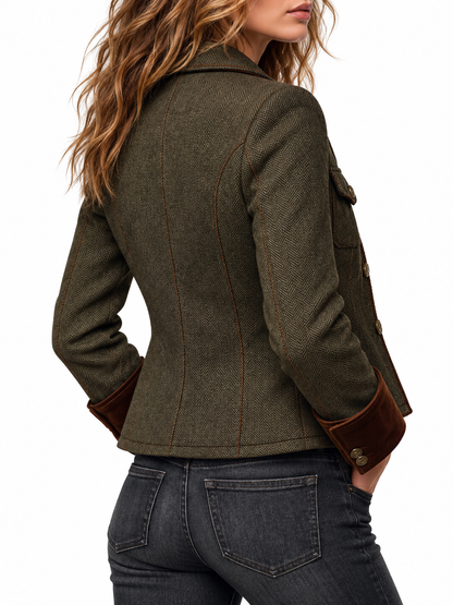 Hanne Vintage Blazer met Visgraatmotief en Contrasterende Bies
