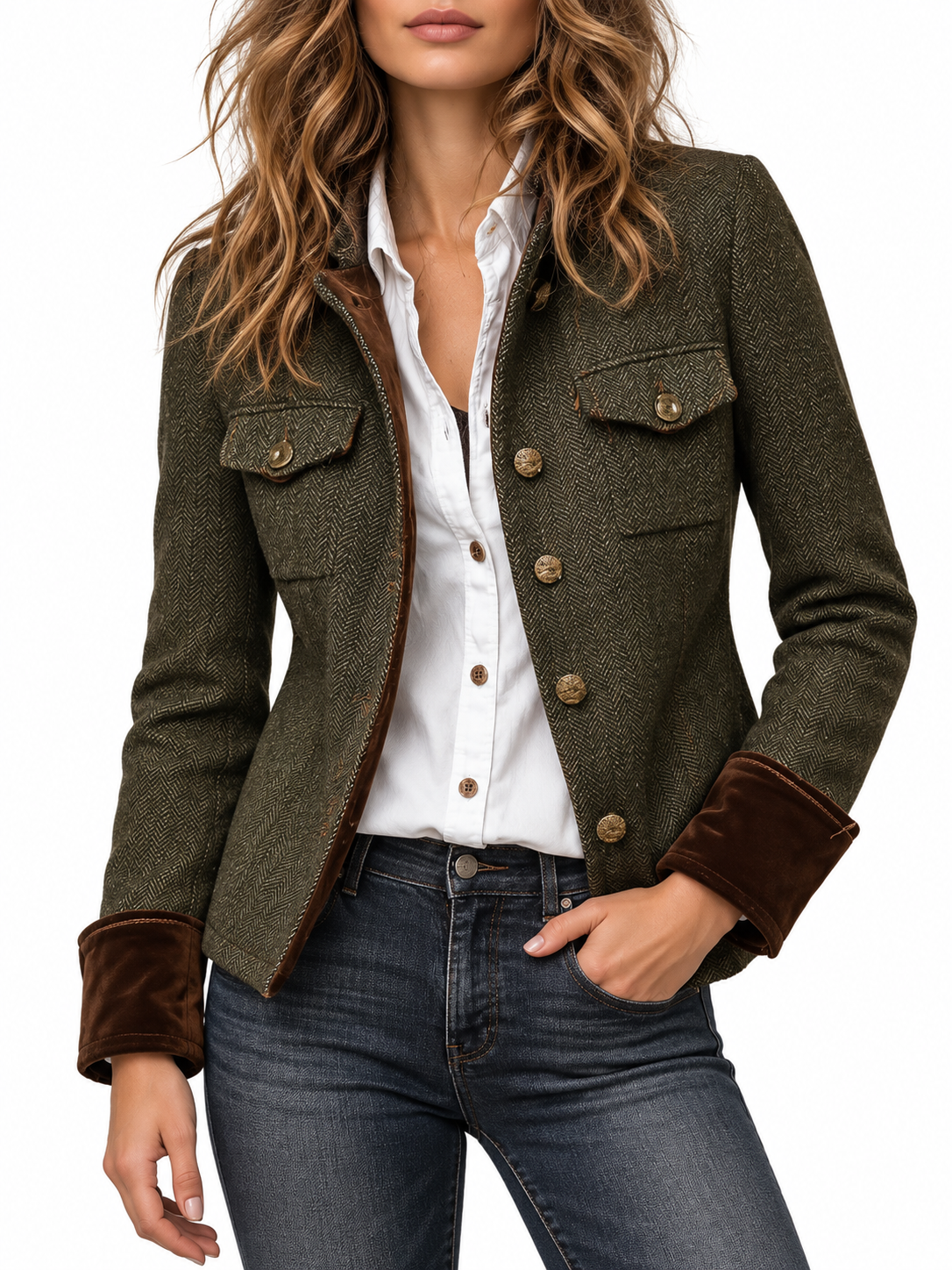 Hanne Vintage Blazer met Visgraatmotief en Contrasterende Bies