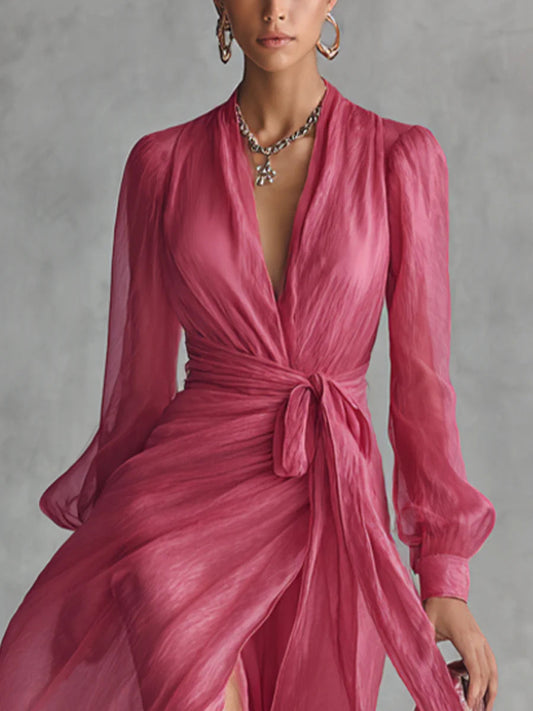 Beatrice Elegant Chiffon V-neck Tie-waist Long Dress