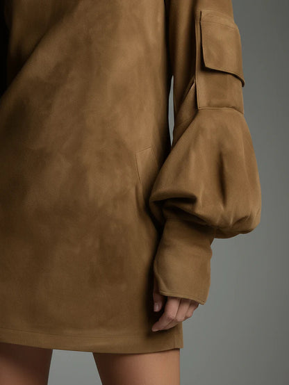 Bibiane Mini Jurk Oversized in Suède met Hoge Hals