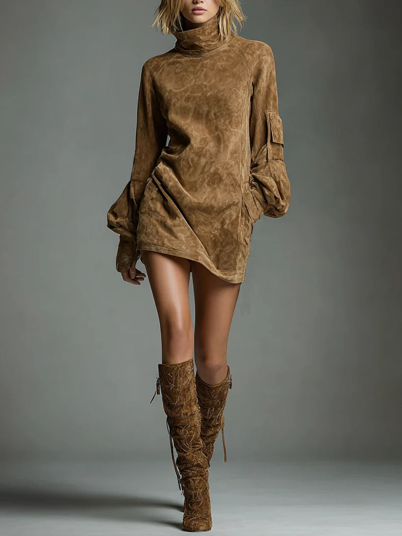 Bibiane Mini Jurk Oversized in Suède met Hoge Hals