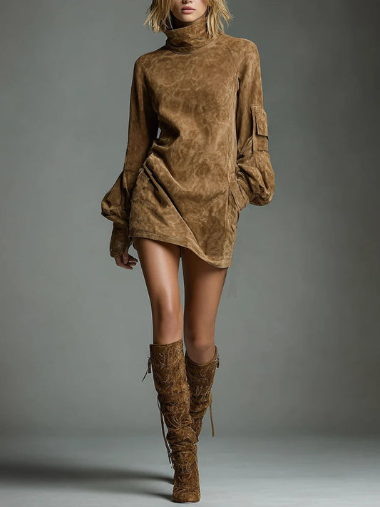 Bibiane Mini Jurk Oversized in Suède met Hoge Hals
