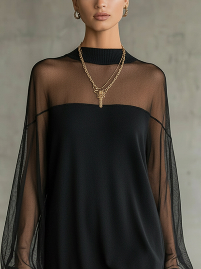 Daisy Black Mesh Sleeve High‑Neck Midi Dress