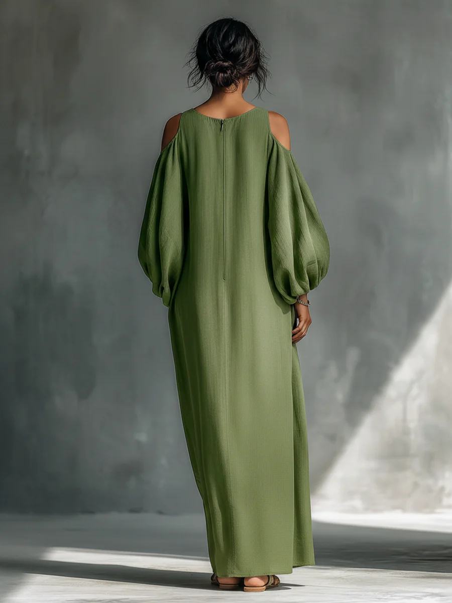 Anika Green Off-Shoulder Puff Sleeve Maxi Dress