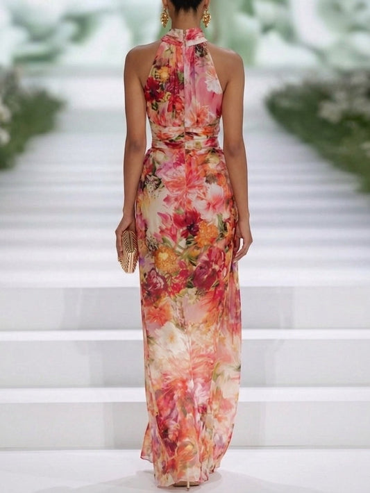 Fae Red Chiffon Floral Sleeveless Maxi Dress