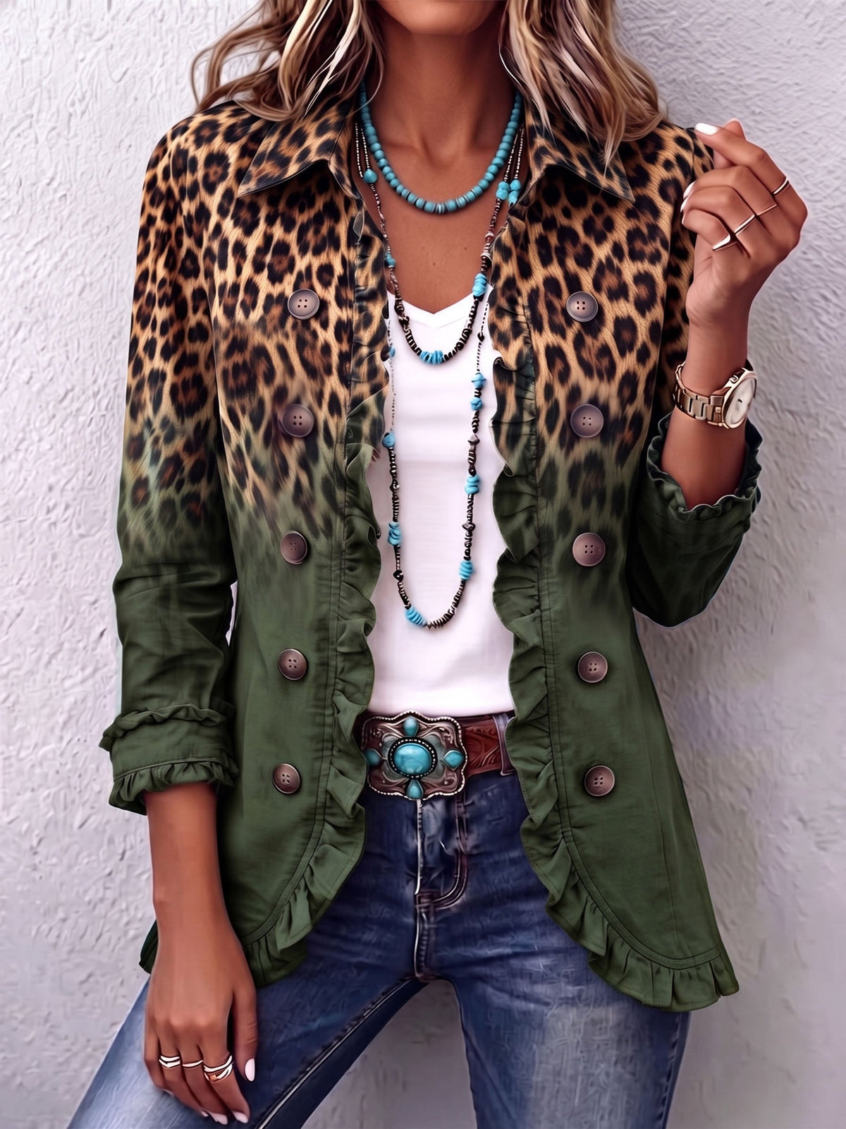 Cassandra Luipaardprint Blazer met Volant en Kleurverloop