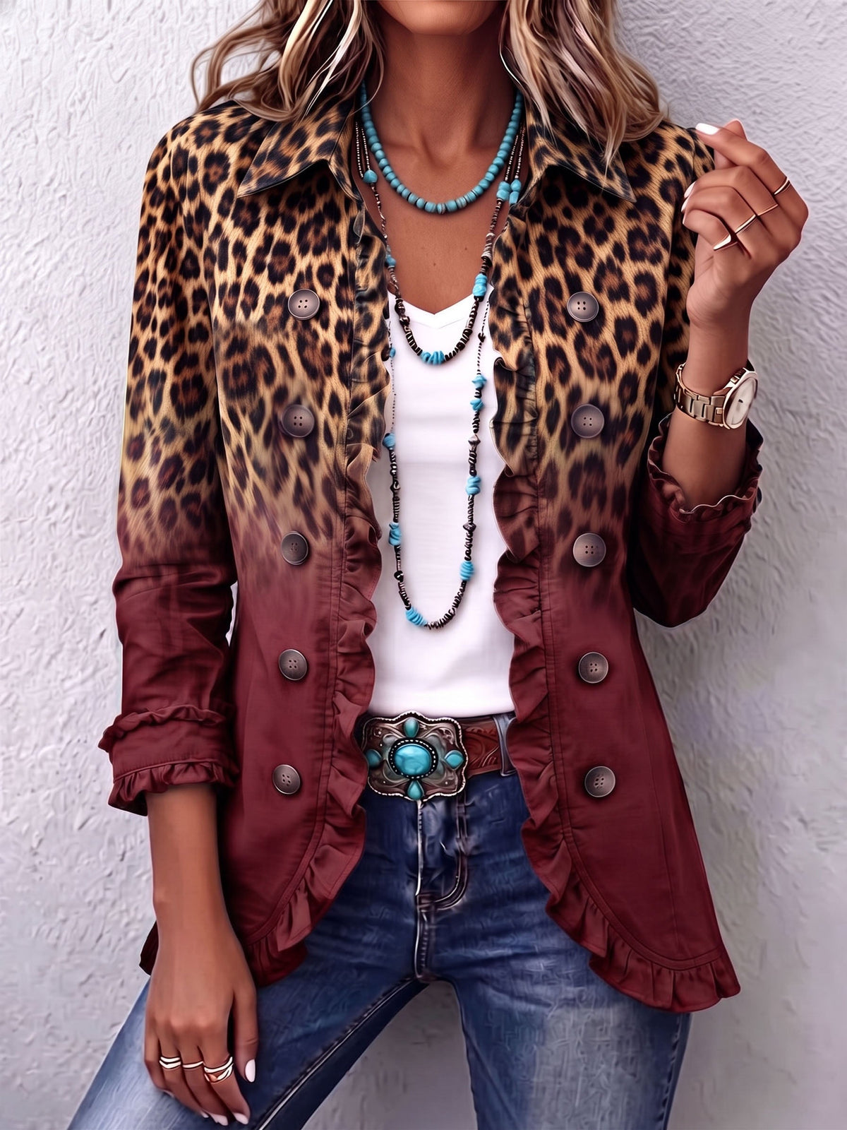 Cassandra Luipaardprint Blazer met Volant en Kleurverloop