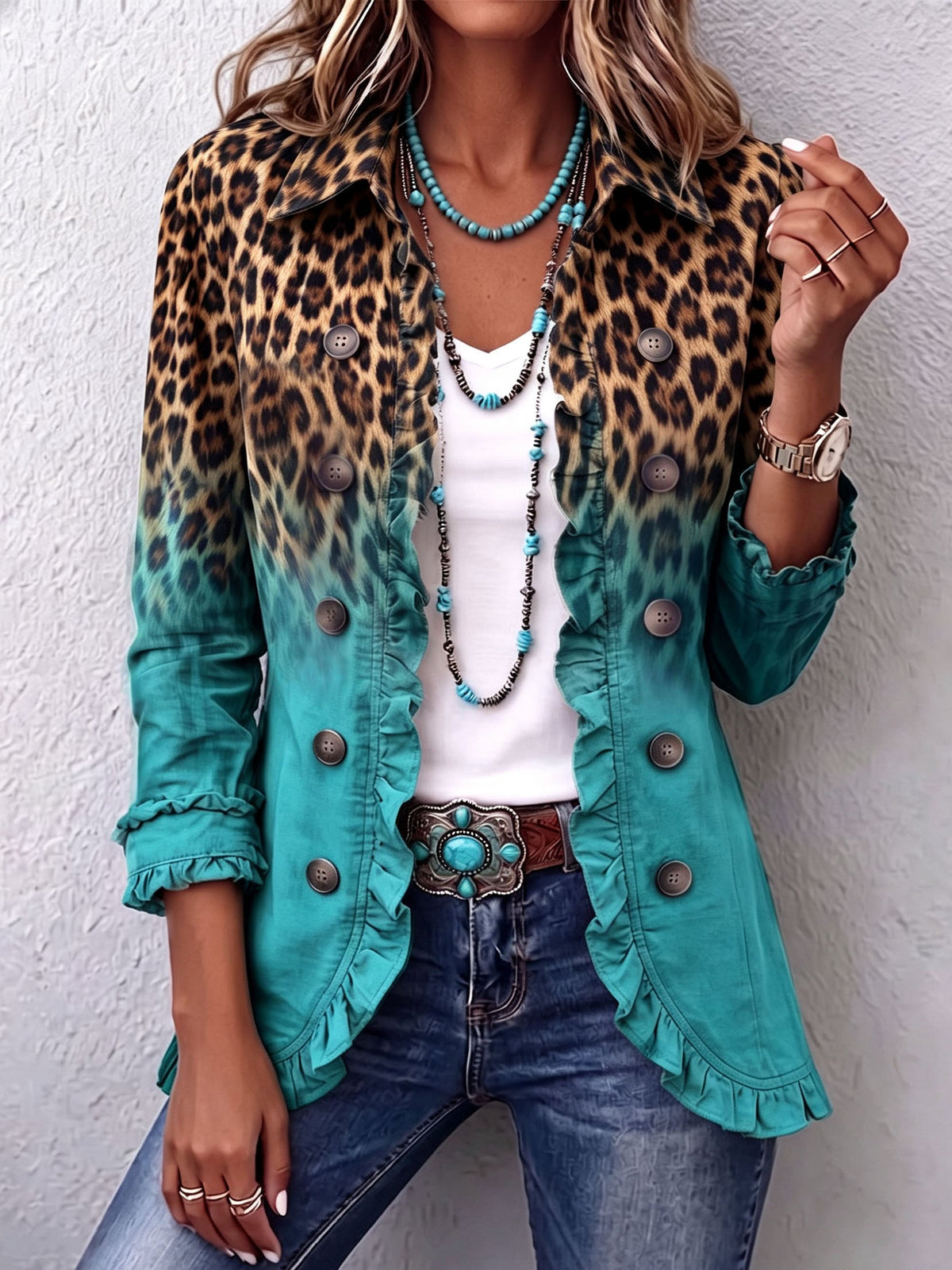 Cassandra Luipaardprint Blazer met Volant en Kleurverloop
