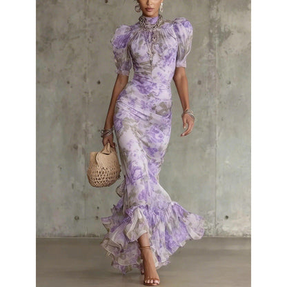 Mae Vintage Rose Print Puff Sleeve Maxi Dress