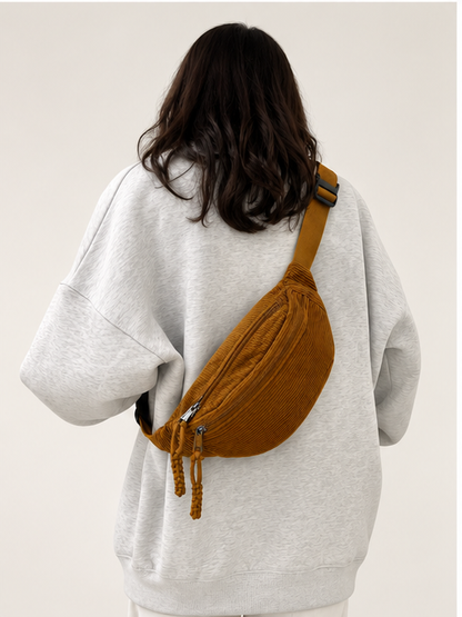 Schoudertas van camelkleurig corduroy